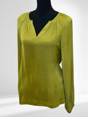 Calvin Klein Chartreuse satin Blouse Pleated V-neck Long Sleeve MEDIUM